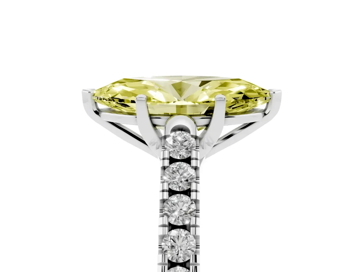 Fancy Yellow Marquise Cut Diamond Pavé Band Solitaire Ring with Prong Setting Silver