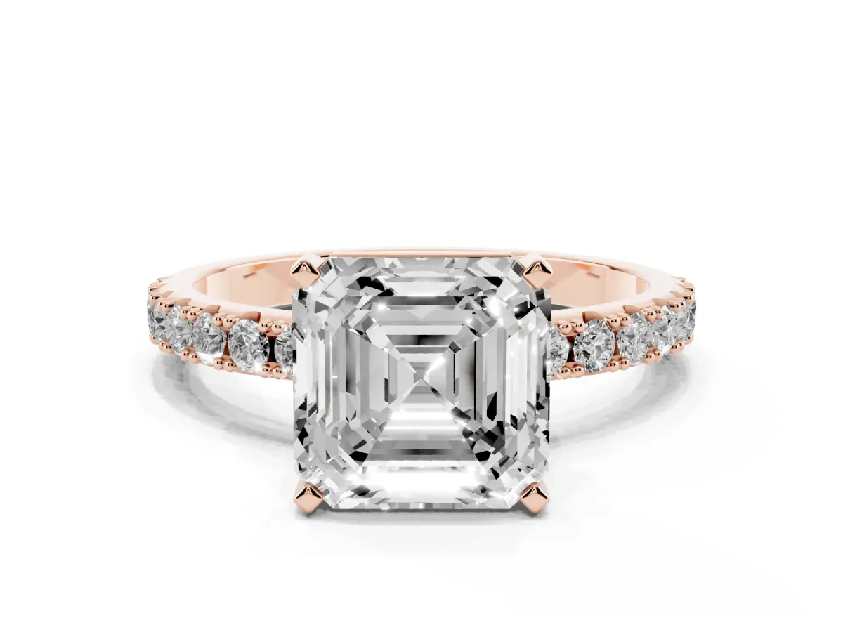 Asscher Cut Diamond Solitaire Pavé Band with Four-Prong Setting Rose gold