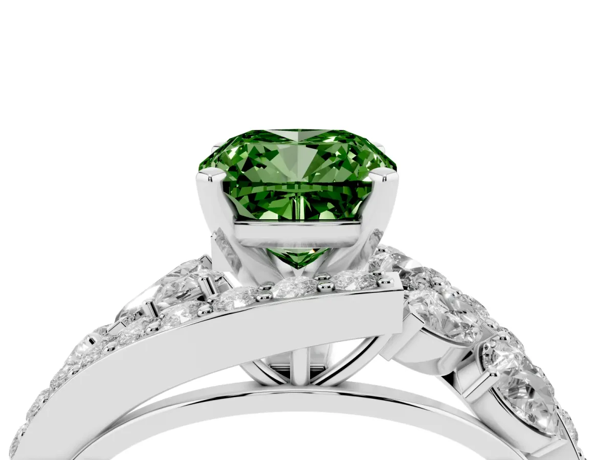 Fancy Green Cushion Cut Diamond Halo Ring with Marquise and Pavé Band in Prong Setting Silver