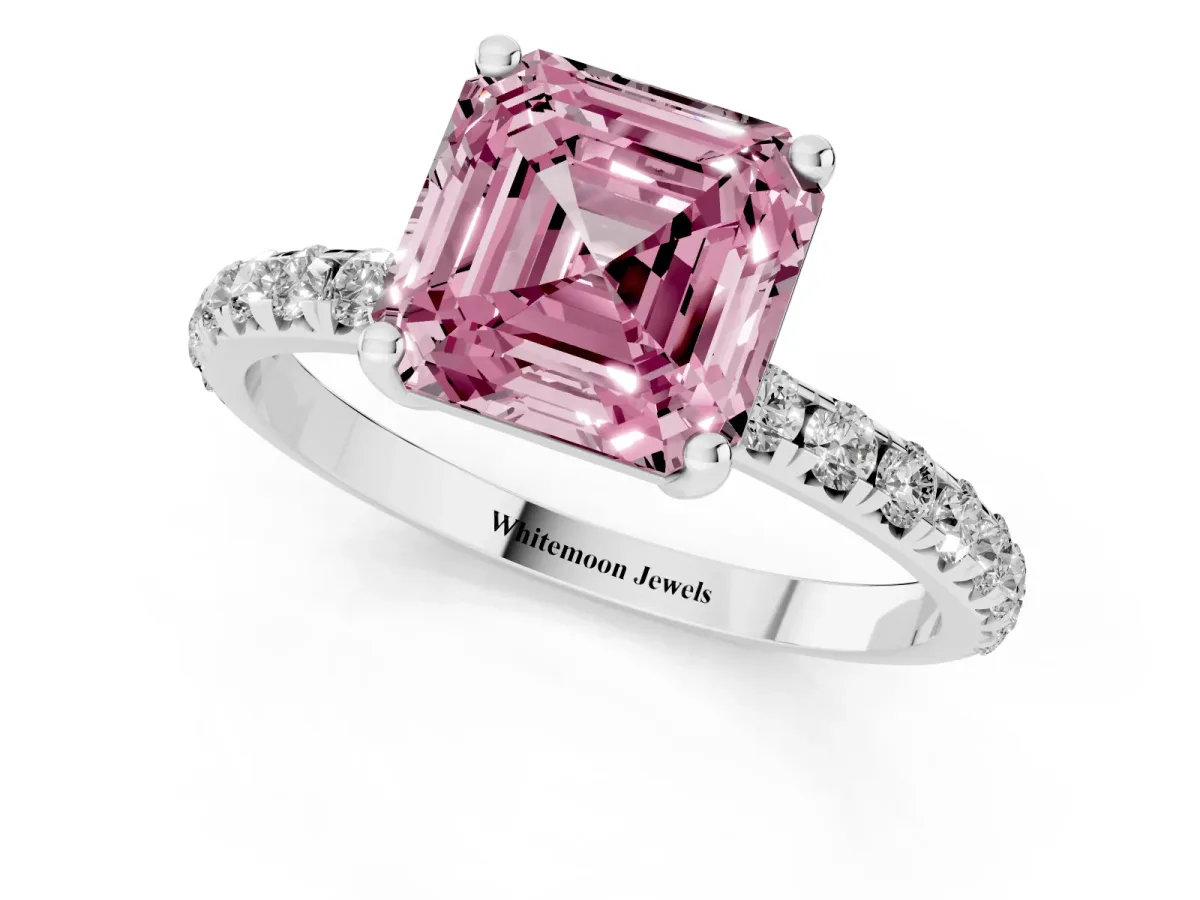 Fancy Pink Asscher Cut Cut Diamond Solitaire Ring with Micro Pave Band and Four Prong Setting Silver