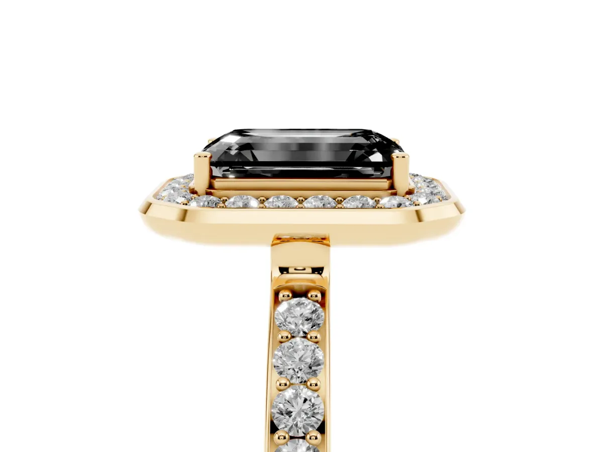 Fancy Black Emerald Cut Diamond Halo Ring with Bezel Frame and Pavé Band Yellow gold