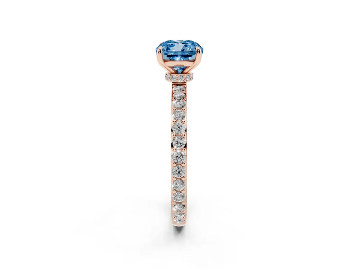 Fancy Blue Cushion Cut Diamond Solitaire Engagement Ring with Pavé Band and Four-Prong Setting Rose gold