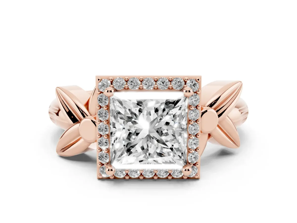 Princess Cut Halo Diamond Floral Band with Four-Prong Setting Rose gold