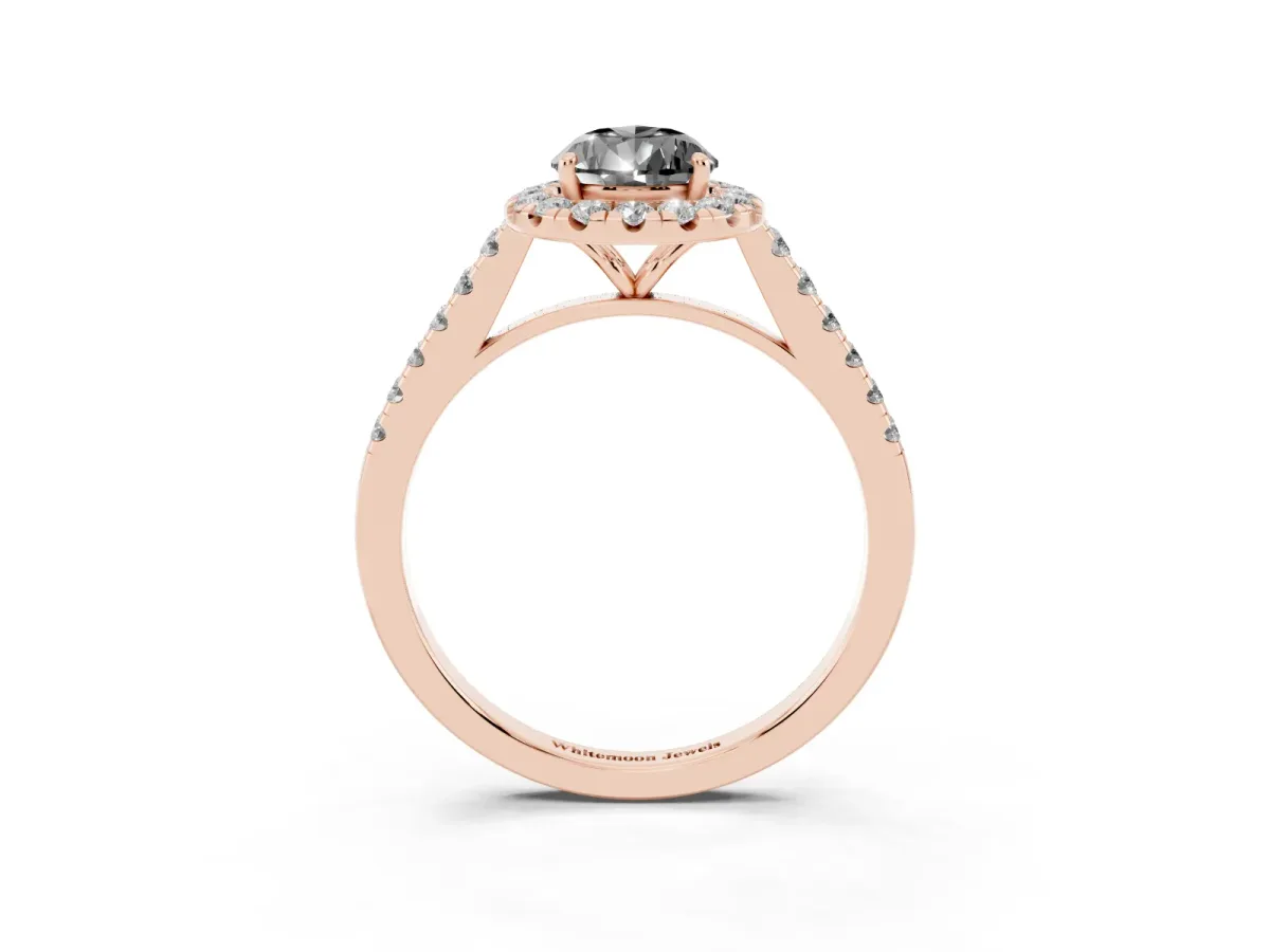 Fancy Black Pear Cut Halo Pave Diamond Engagement Ring with Four-Prong Setting Rose gold