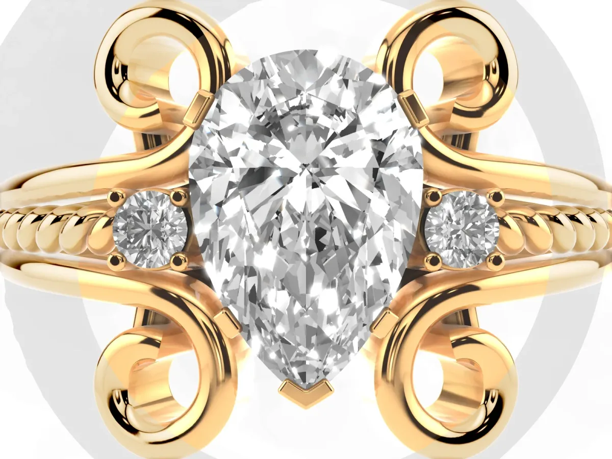 Pear Cut Solitaire Twisted Band Scroll Prong Ring Yellow gold