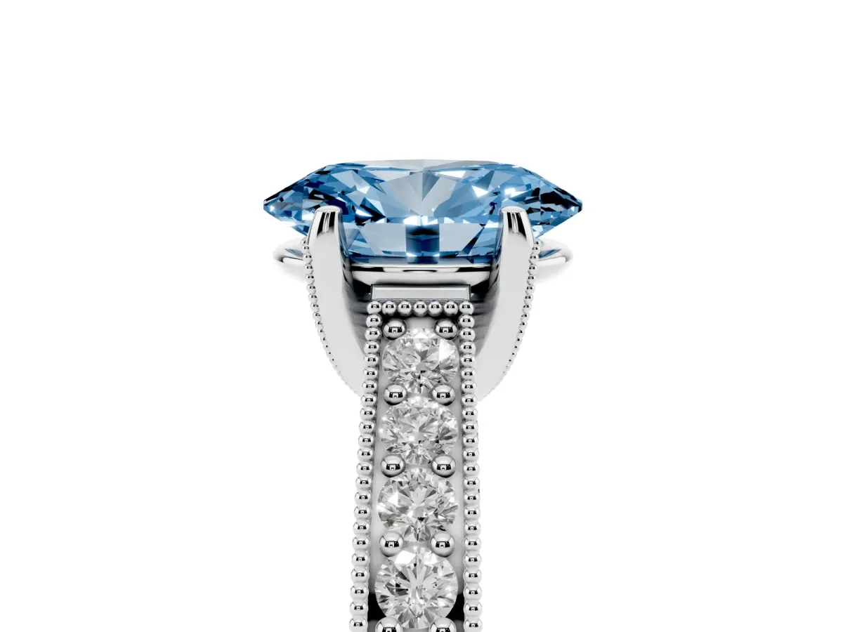 Fancy Blue Oval Cut Cut Diamond Solitaire Ring with Milgrain Pave Band and Four Prong Setting Silver