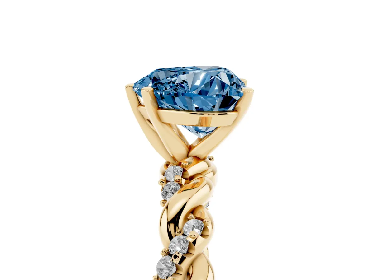 Fancy Blue Heart Cut Diamond Solitaire Ring with Twisted Band and Pavé Accents Yellow gold
