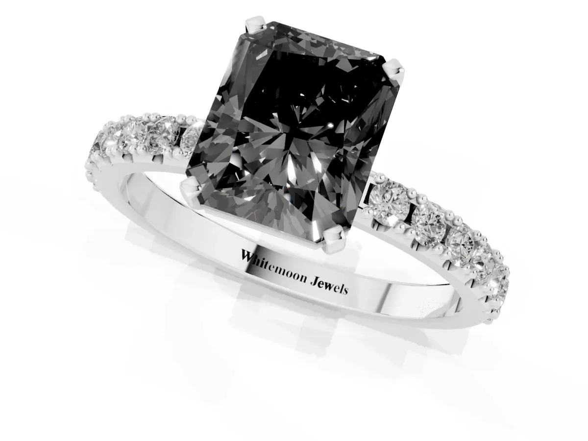 Fancy Black Radiant Cut Diamond Solitaire Pavé Band with Four-Prong Setting Silver