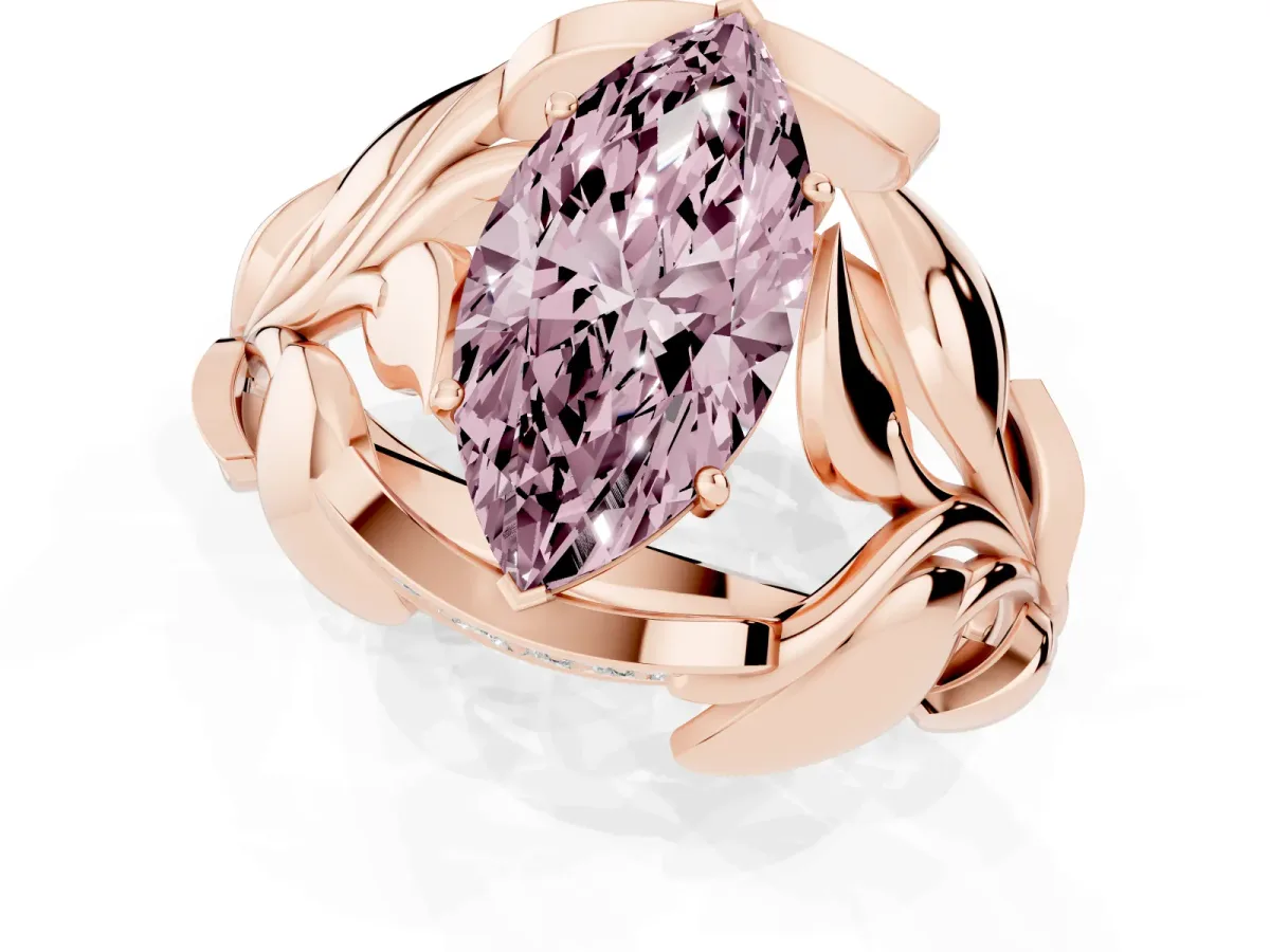 Fancy Pink Marquise Cut Diamond Leaf-Inspired Engagement Ring with Round Accents and Prong Setting Rose gold