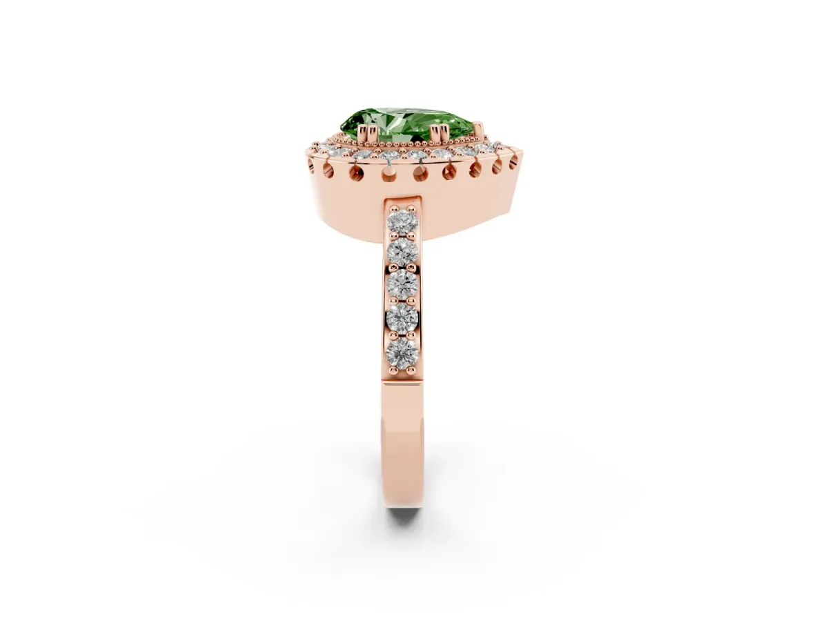 Fancy Green Pear Cut Diamond Halo Ring with Pavé Band and Prong Setting Rose gold