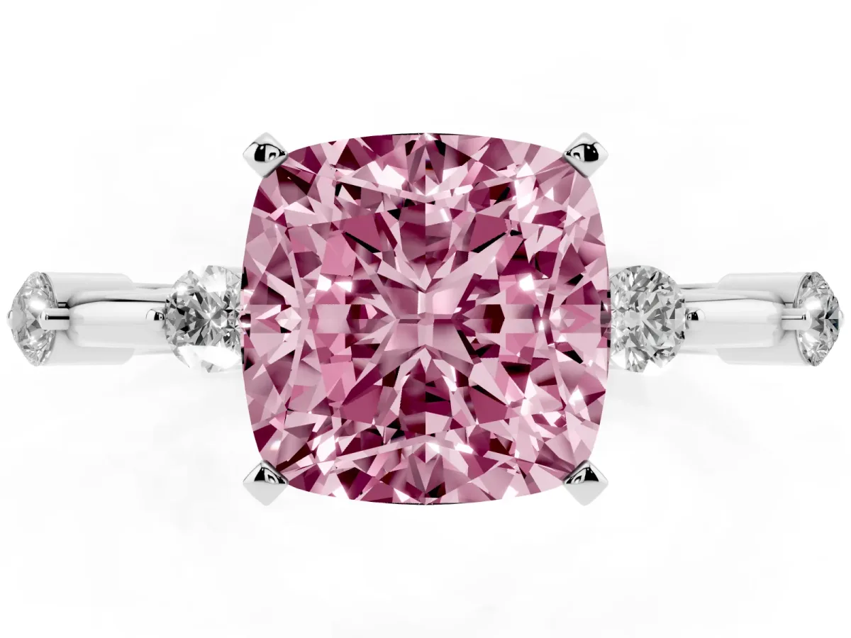 Fancy Pink Cushion Cut Solitaire Diamond Ring with Bezel Set Side Stones and Prong Setting Silver