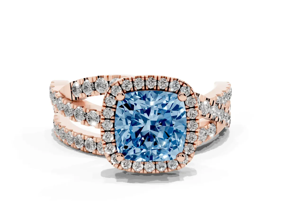 Fancy Blue Cushion Cut Diamond Halo Ring with Round Split Shank and Prong Setting Rose gold