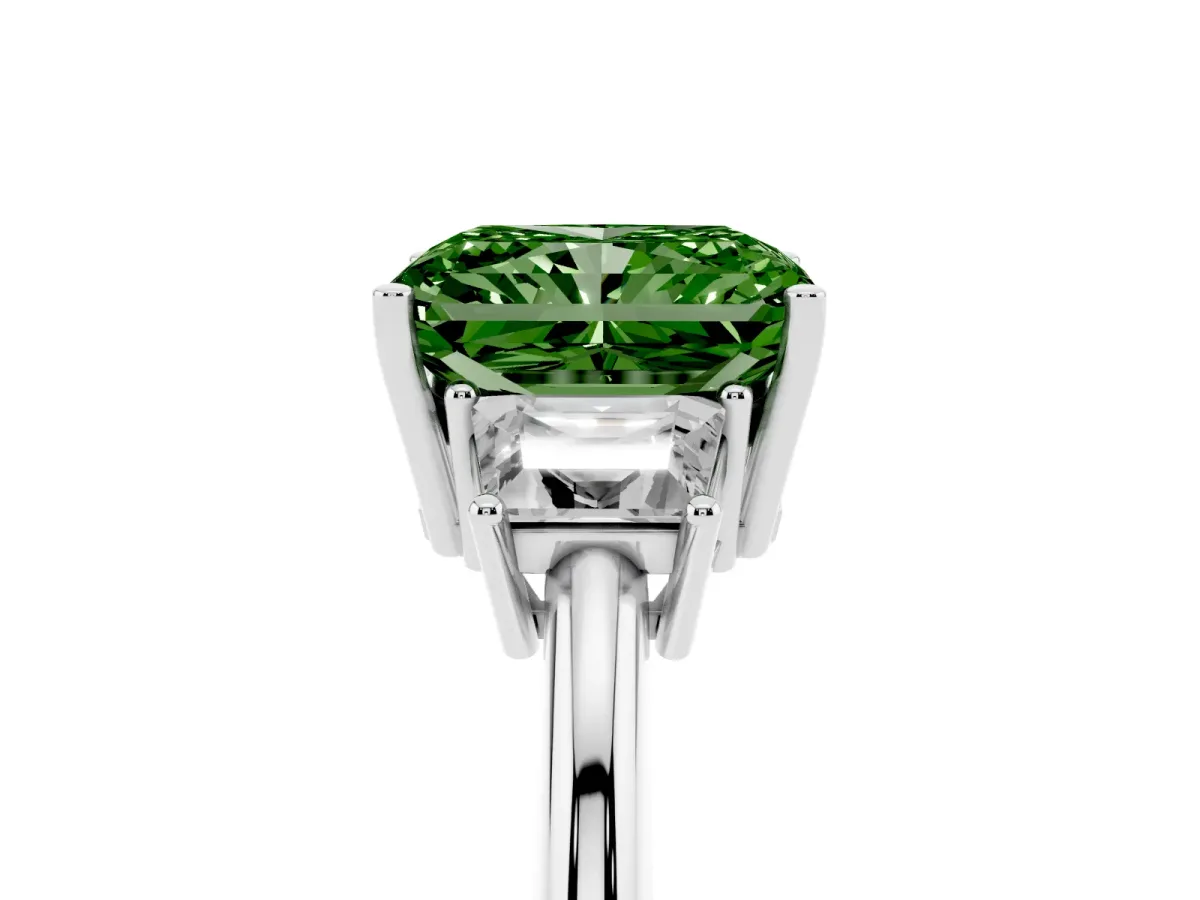 Fancy Green Radiant Cut Diamond Three-Stone Ring with Trapezoid Side Stones and Prong Setting Silver