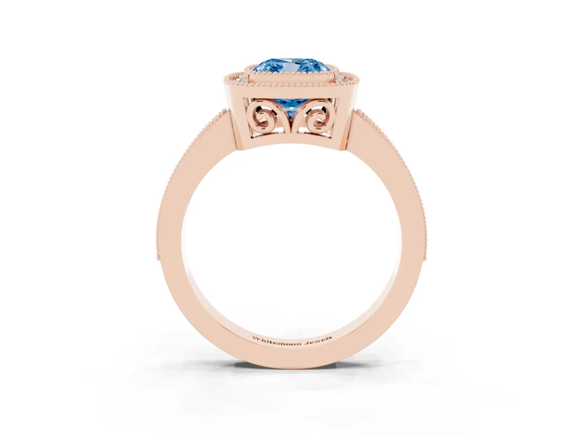 Fancy Blue Cushion Cut Cut Halo Diamond Ring with Pavé Band and Milgrain Prong Setting Rose gold