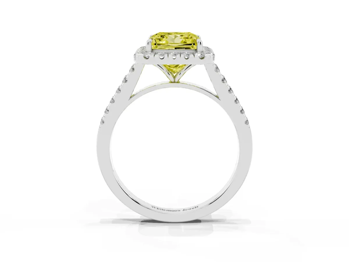 Fancy Yellow Princess Cut Halo Pave Diamond Engagement Ring with Four-Prong Setting Platinum