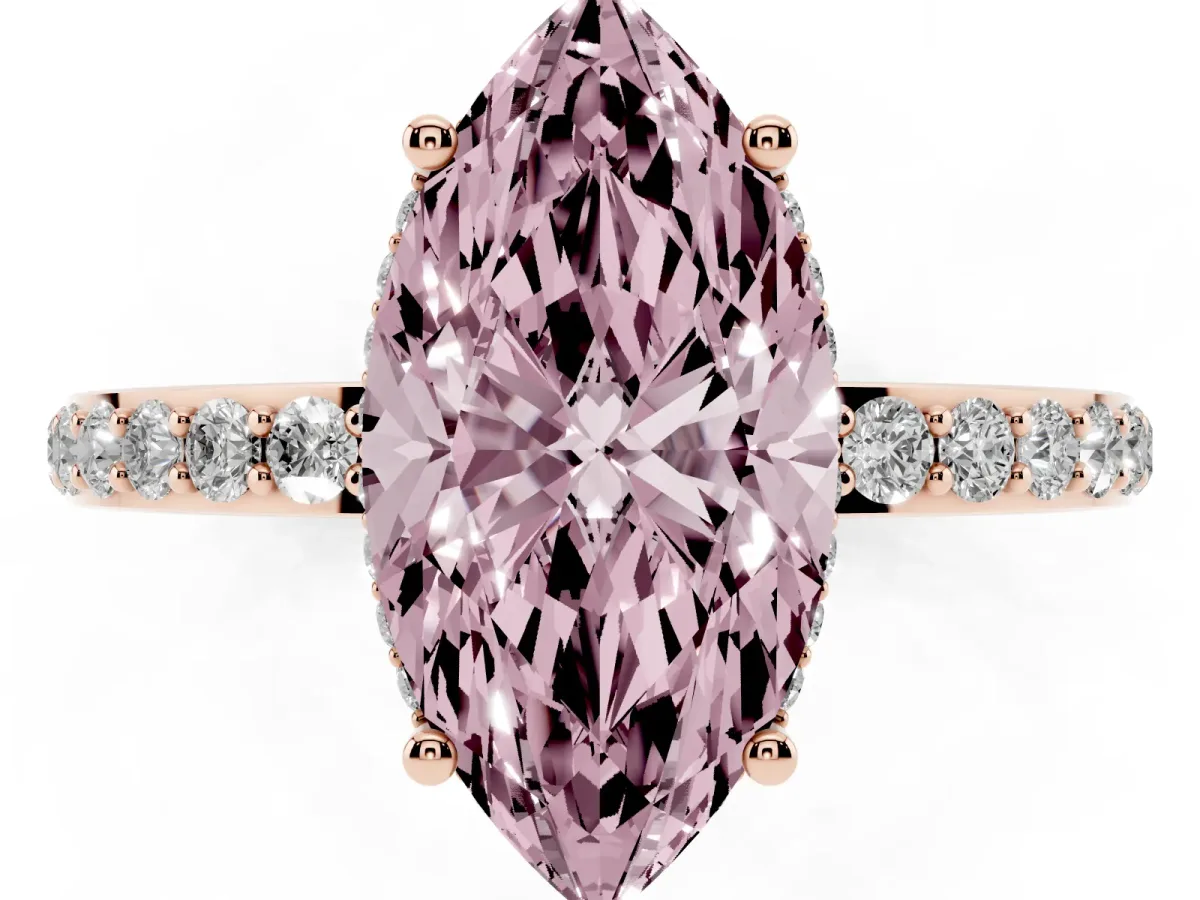 Fancy Pink Marquise Cut Diamond Solitaire Ring with Pavé Band and Hidden Halo Rose gold