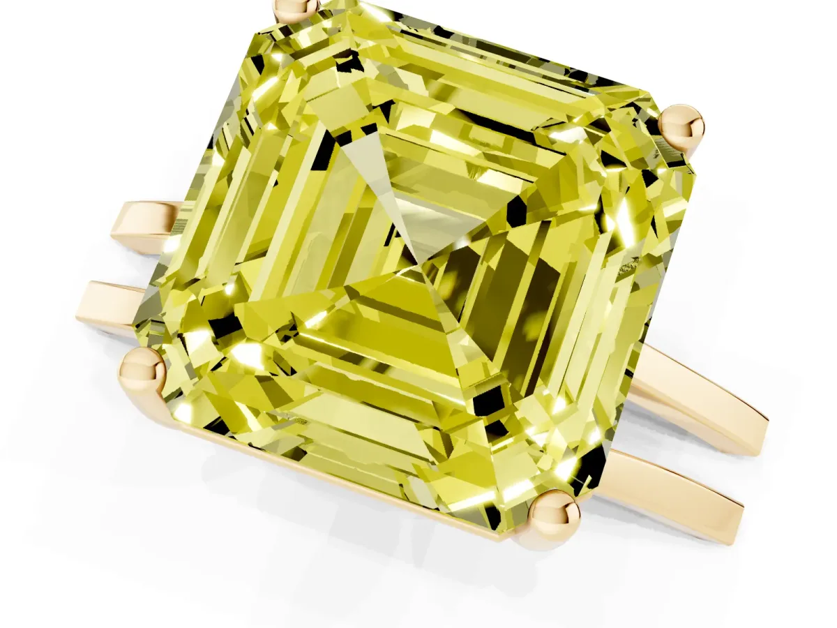 Fancy Yellow Asscher Cut Cut Diamond Solitaire Engagement Ring with Tapered Plain Band and Four-Prong Setting Yellow gold