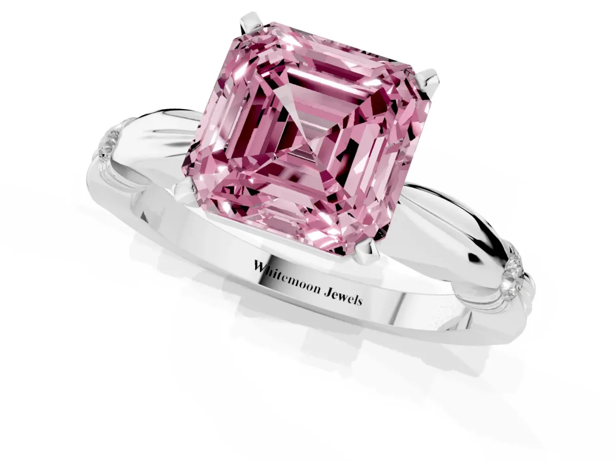 Fancy Pink Asscher Cut Solitaire Diamond Twisted Band with Four-Prong Setting Silver