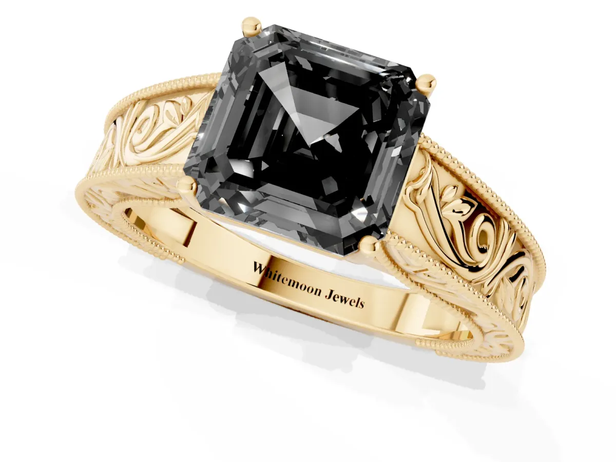 Fancy Black Asscher Cut Diamond Solitaire Ring with Engraved Band and Four-Prong Setting Yellow gold