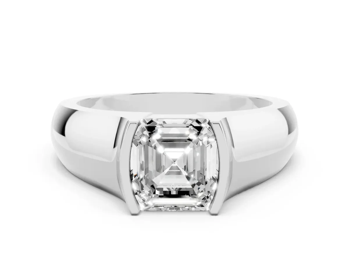 Asscher Cut Solitaire Bezel Set Diamond Ring with Wide Band Silver