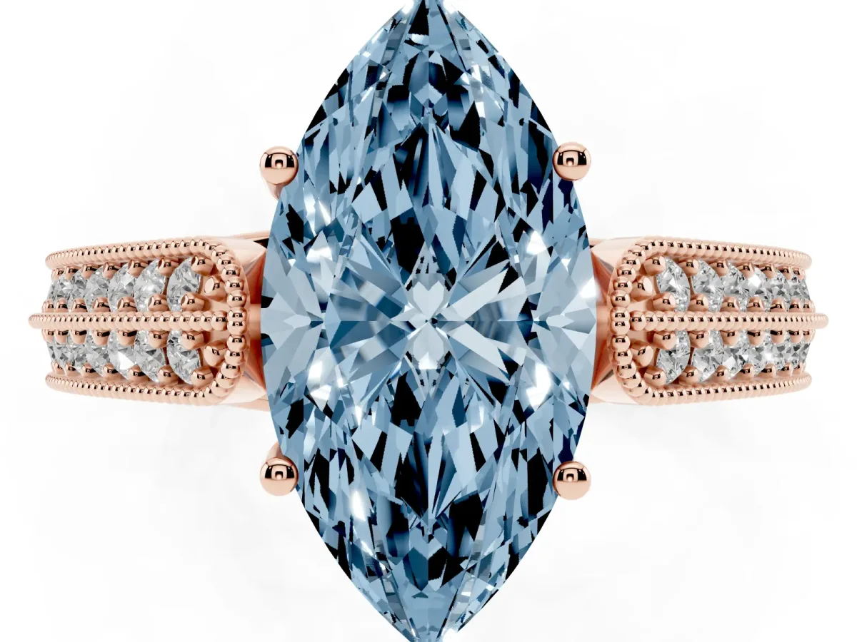 Fancy Blue Marquise Cut Cut Pave Split Shank Engagement Ring with Four-Prong Setting Rose gold
