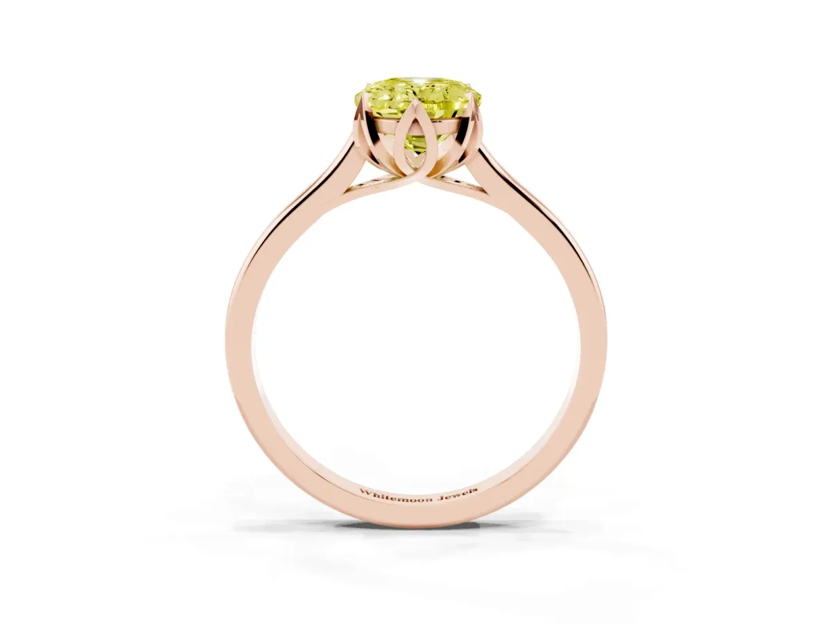 Fancy Yellow Oval Cut Diamond Solitaire Ring with Flower Prong Setting and Classic Band Rose gold