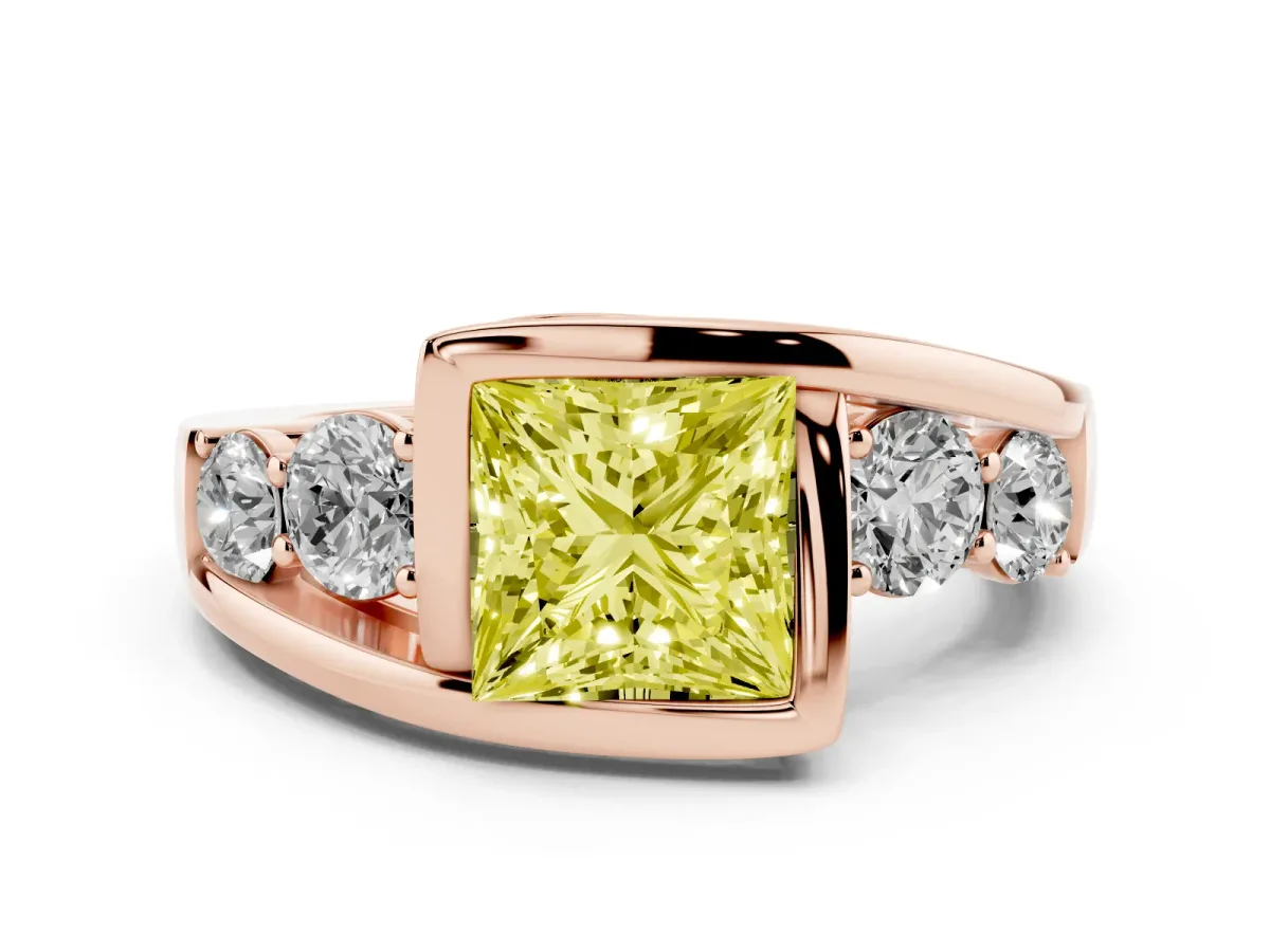 Fancy Yellow Bezel Set Princess Cut Diamond Bypass Ring with Round Accents Rose gold