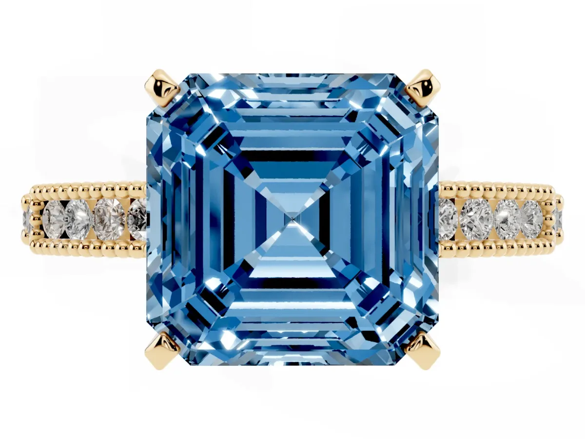 Fancy Blue Asscher Cut Solitaire with Pavé Band and Four-Prong Setting Yellow gold