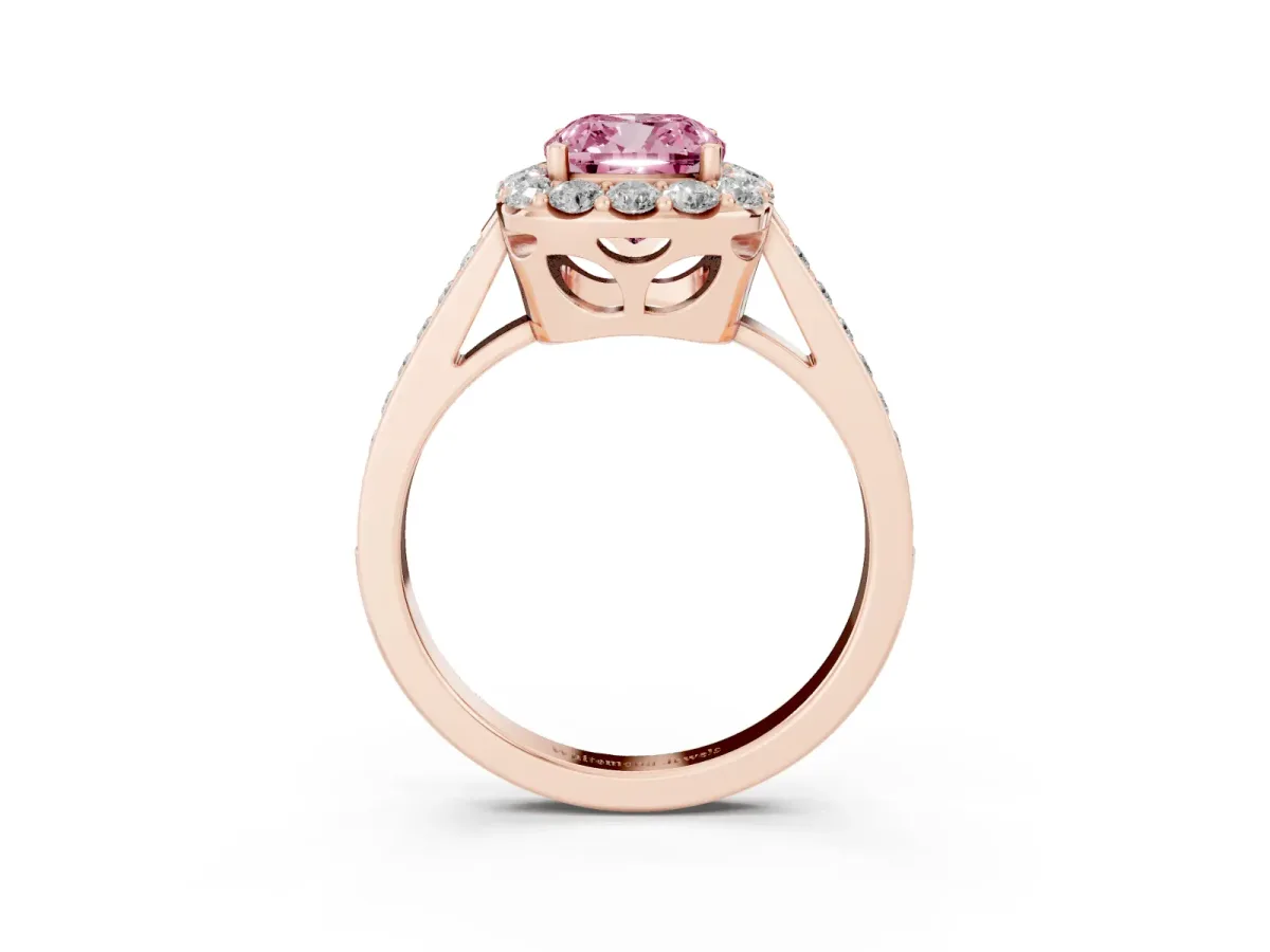 Fancy Pink Cushion Cut Diamond Floral Halo Ring with Pavé Band and Prong Setting Rose gold