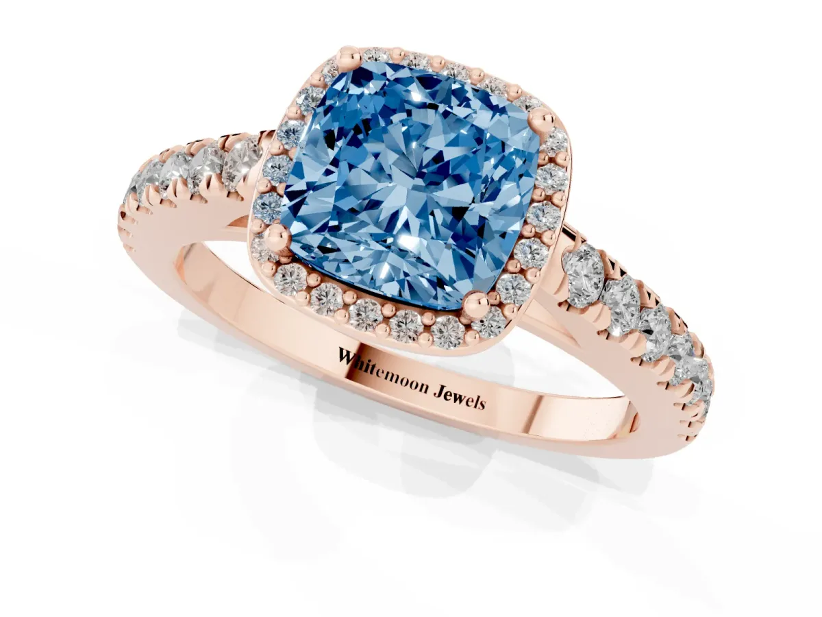 Fancy Blue Cushion Cut Cut Halo Diamond Engagement Ring with Pave Band and Four-Prong Setting Rose gold