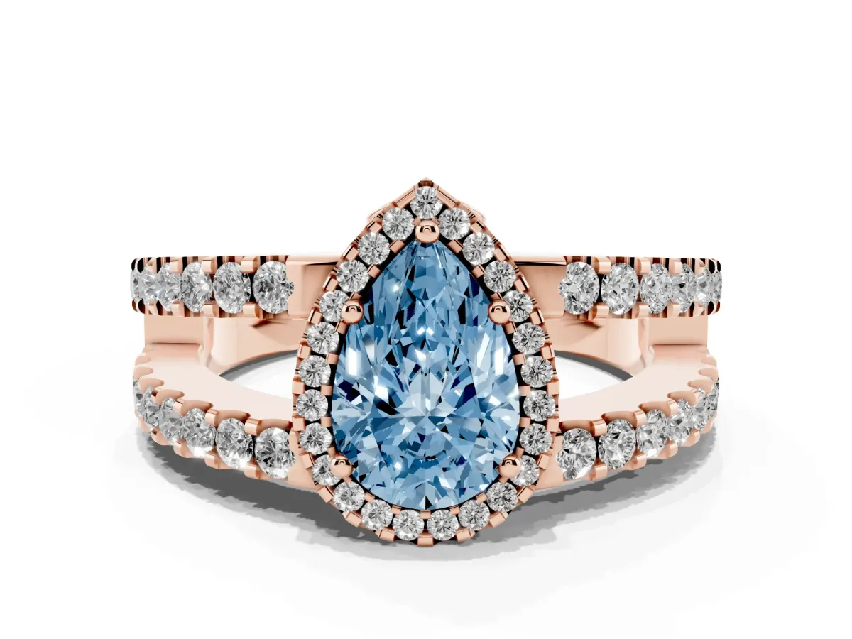 Fancy Blue Pear Cut Cut Halo Split Shank Diamond Ring with Four-Prong Setting Rose gold