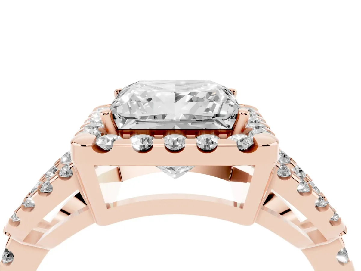 Princess Cut Cut Diamond Halo Engagement Ring with Open Split Pavé Band Rose gold