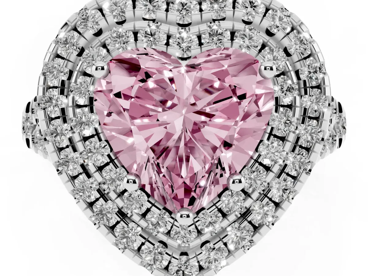 Fancy Pink Double Halo Heart Cut Diamond Pavé Split Shank Ring with Prong Setting Platinum