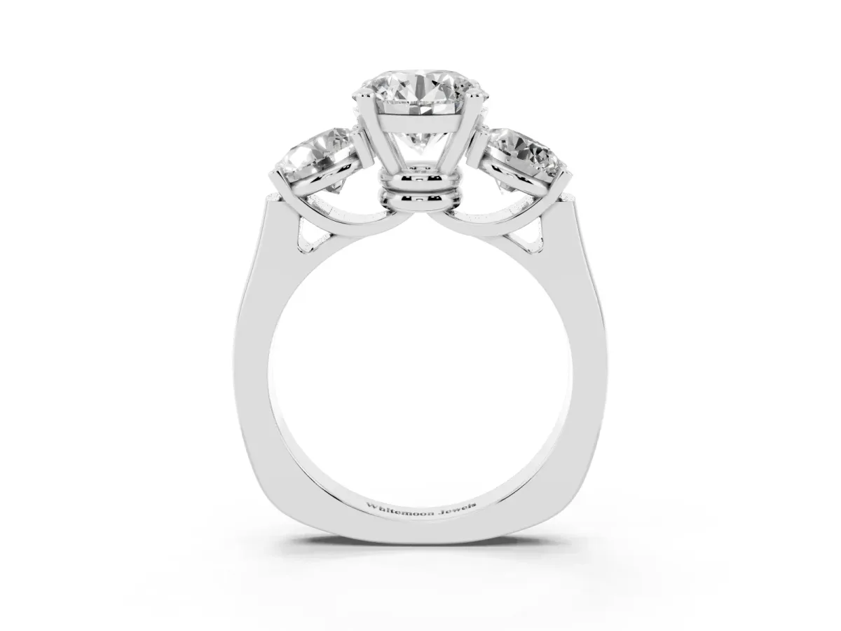 Three-Stone Round Cut Brilliant Diamond Trellis Ring with Comfort Fit Band White gold