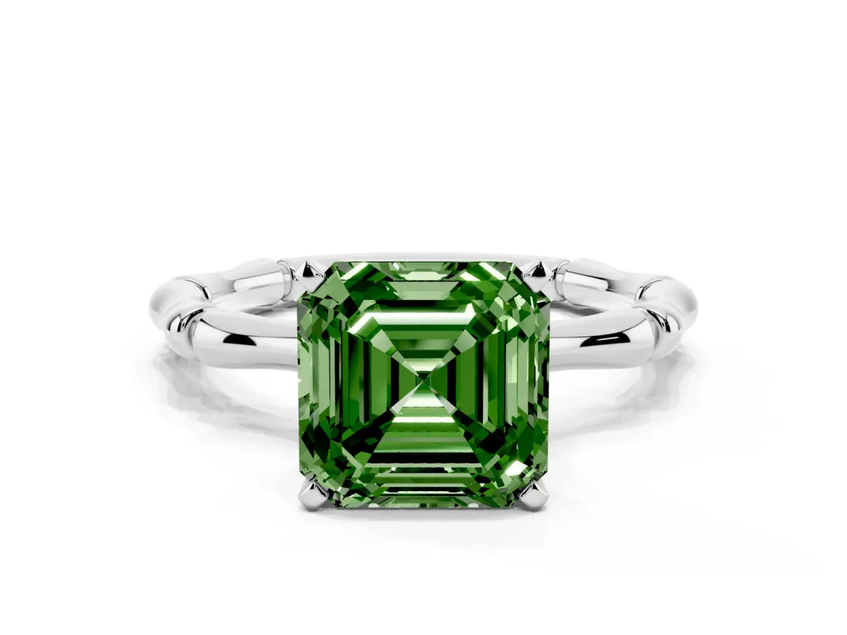 Fancy Green Asscher Cut Solitaire Diamond Ring with Bamboo Band and Four-Prong Setting Silver