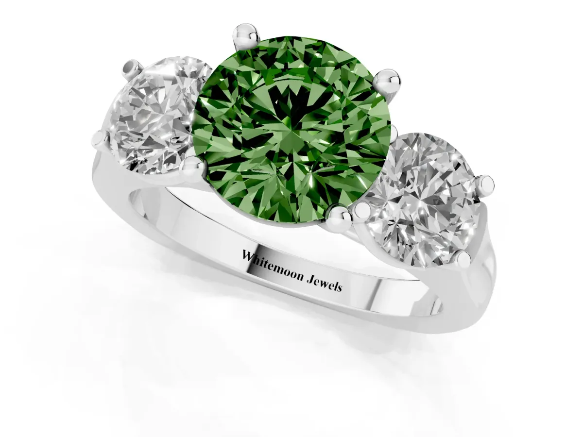 Fancy Green Three-Stone Round Cut Brilliant Diamond Trellis Ring with Comfort Fit Band White gold