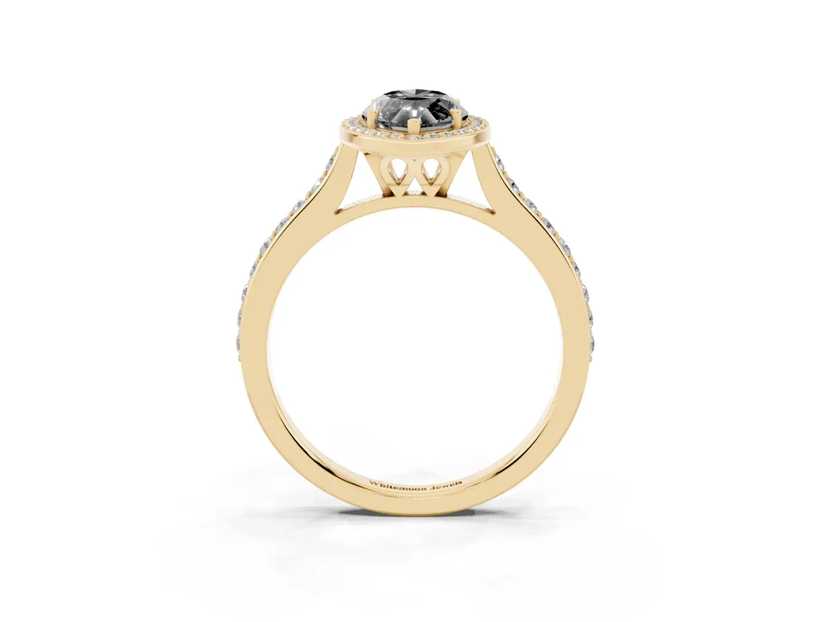 Fancy Black Marquise Cut Diamond Halo Engagement Ring with Round Pavé Shoulders and Prong Setting Yellow gold