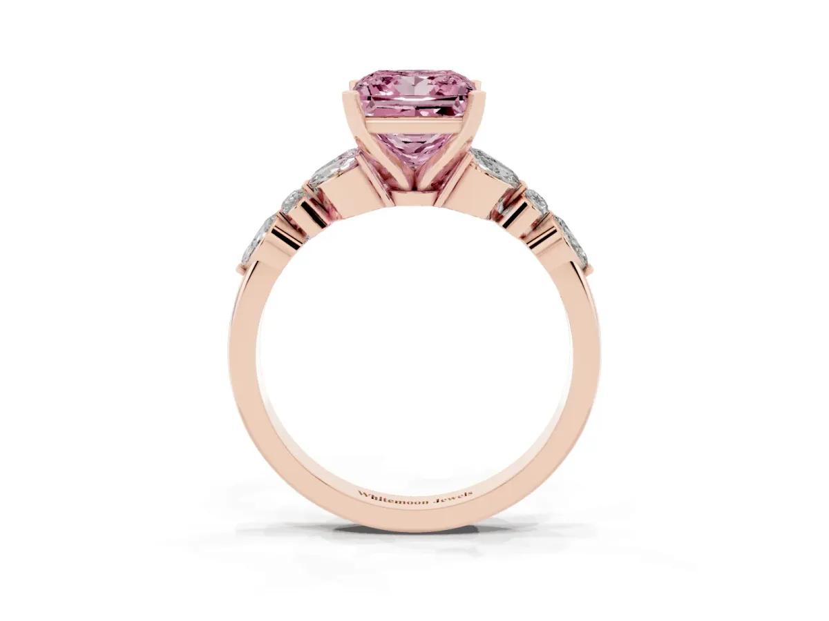 Fancy Pink Princess Cut Diamond Solitaire Ring with Side Stones and Four-Prong Setting Rose gold