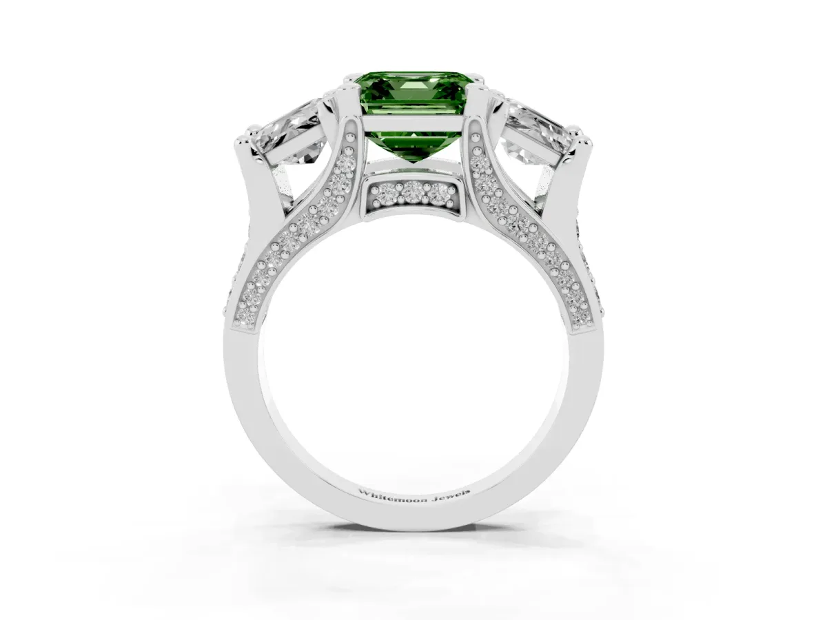 Fancy Green Asscher Cut Diamond Three-Stone Ring with Channel Set Band and Four-Prong Setting Silver