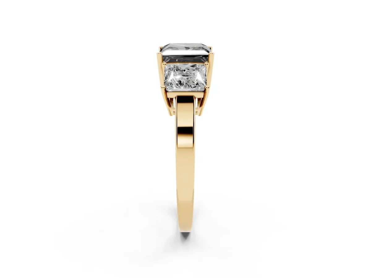Fancy Black Three-Stone Princess Cut Cut Diamond Engagement Ring with Flat Band and Four-Prong Setting Yellow gold