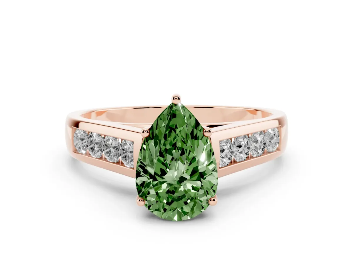 Fancy Green Pear Cut Brilliant Channel-Set Solitaire Ring with Four-Prong Setting Rose gold