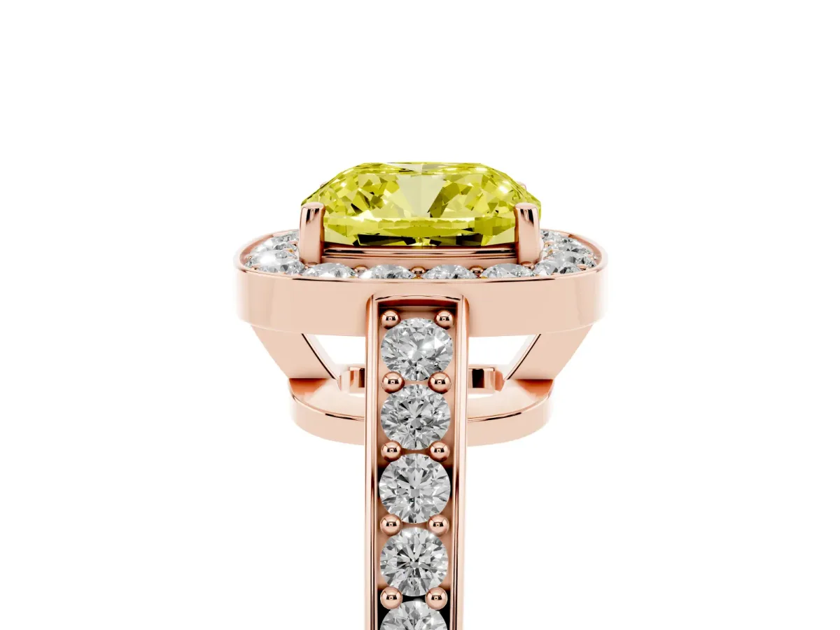 Fancy Yellow Cushion Cut Halo Pavé Diamond Engagement Ring with Bezel Setting Rose gold