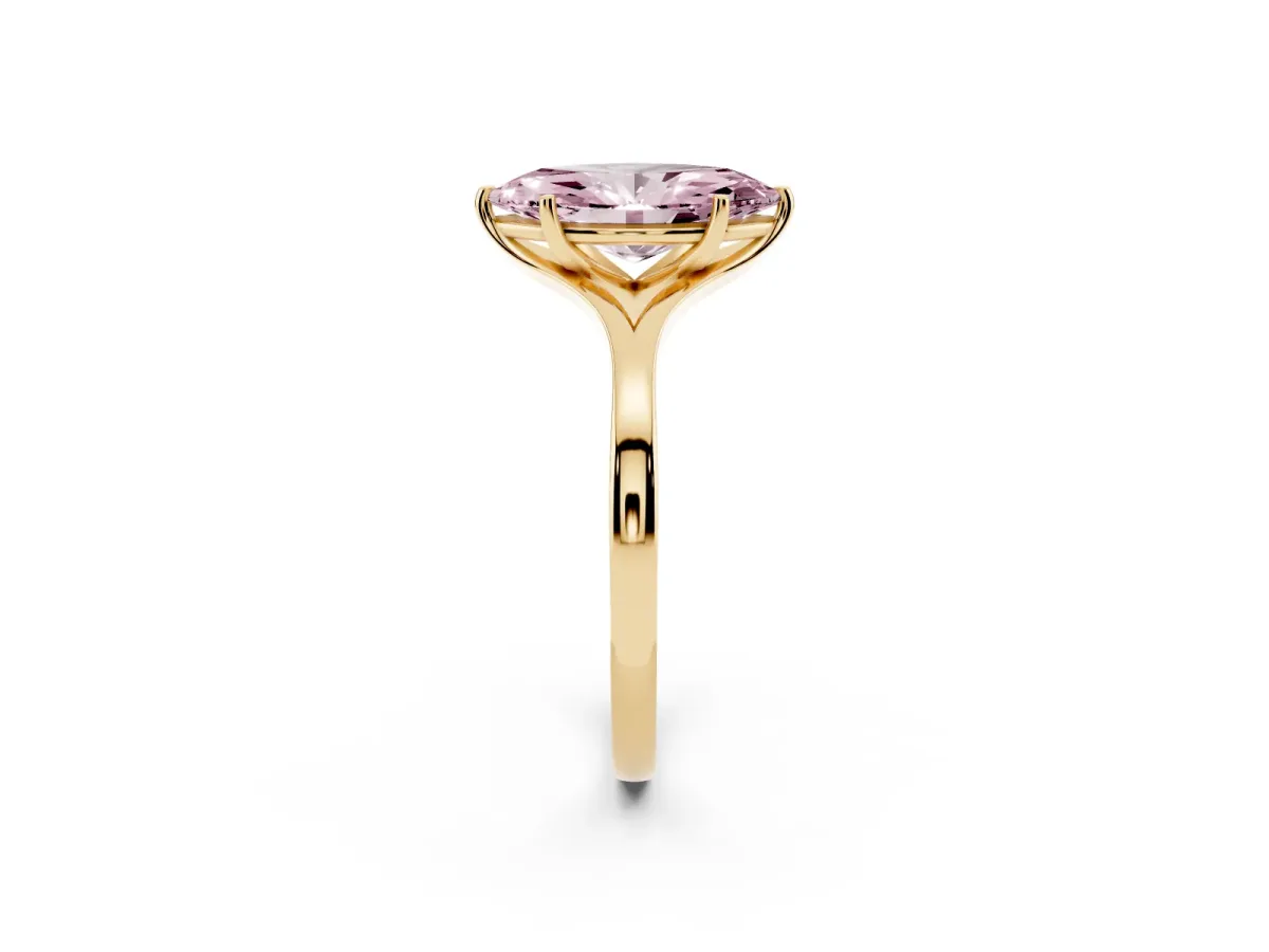 Fancy Pink Marquise Cut Solitaire Diamond Ring with Six-Prong Setting and Tapered Band Yellow gold