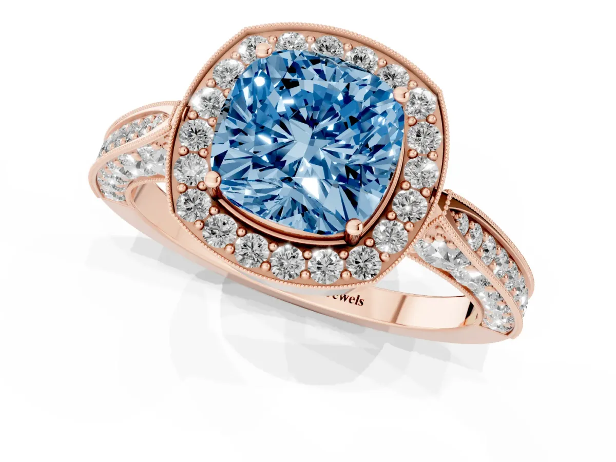 Fancy Blue Cushion Cut Halo Diamond Engagement Ring with Split Shank Band and Four-Prong Setting Rose gold
