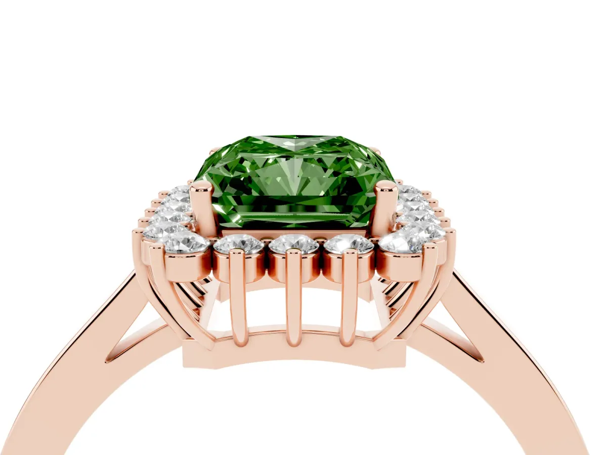 Fancy Green Radiant Cut Cut Diamond Halo Ring with Round Brilliant Halo and Solitaire Band Rose gold