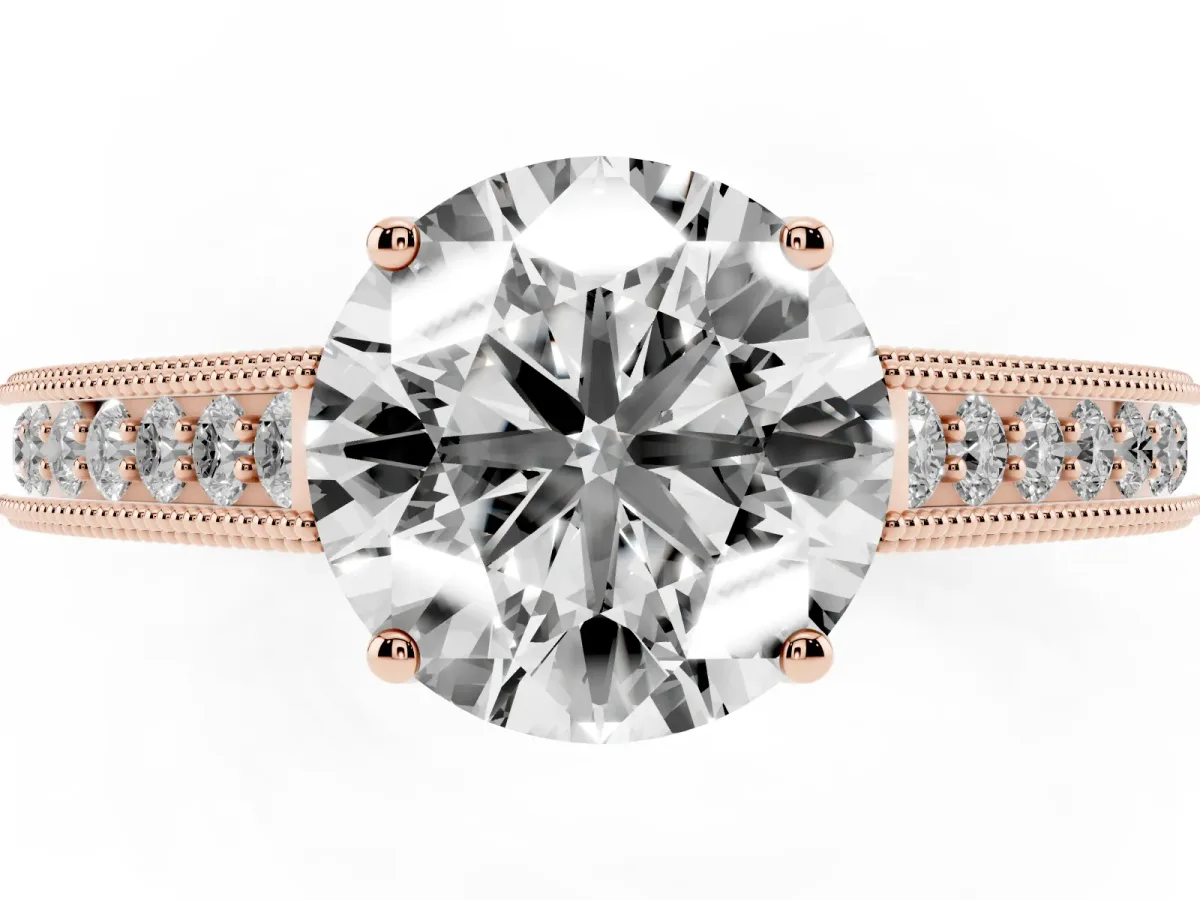 Round Cut Cut Pave Band Milgrain Solitaire Ring Rose gold