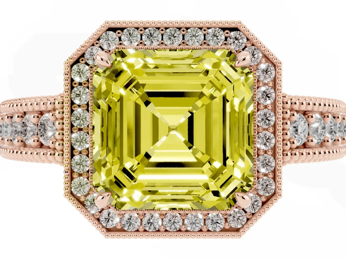 Fancy Yellow Asscher Cut Cut Halo Diamond Ring with Pavé Band and Four-Prong Setting Rose gold