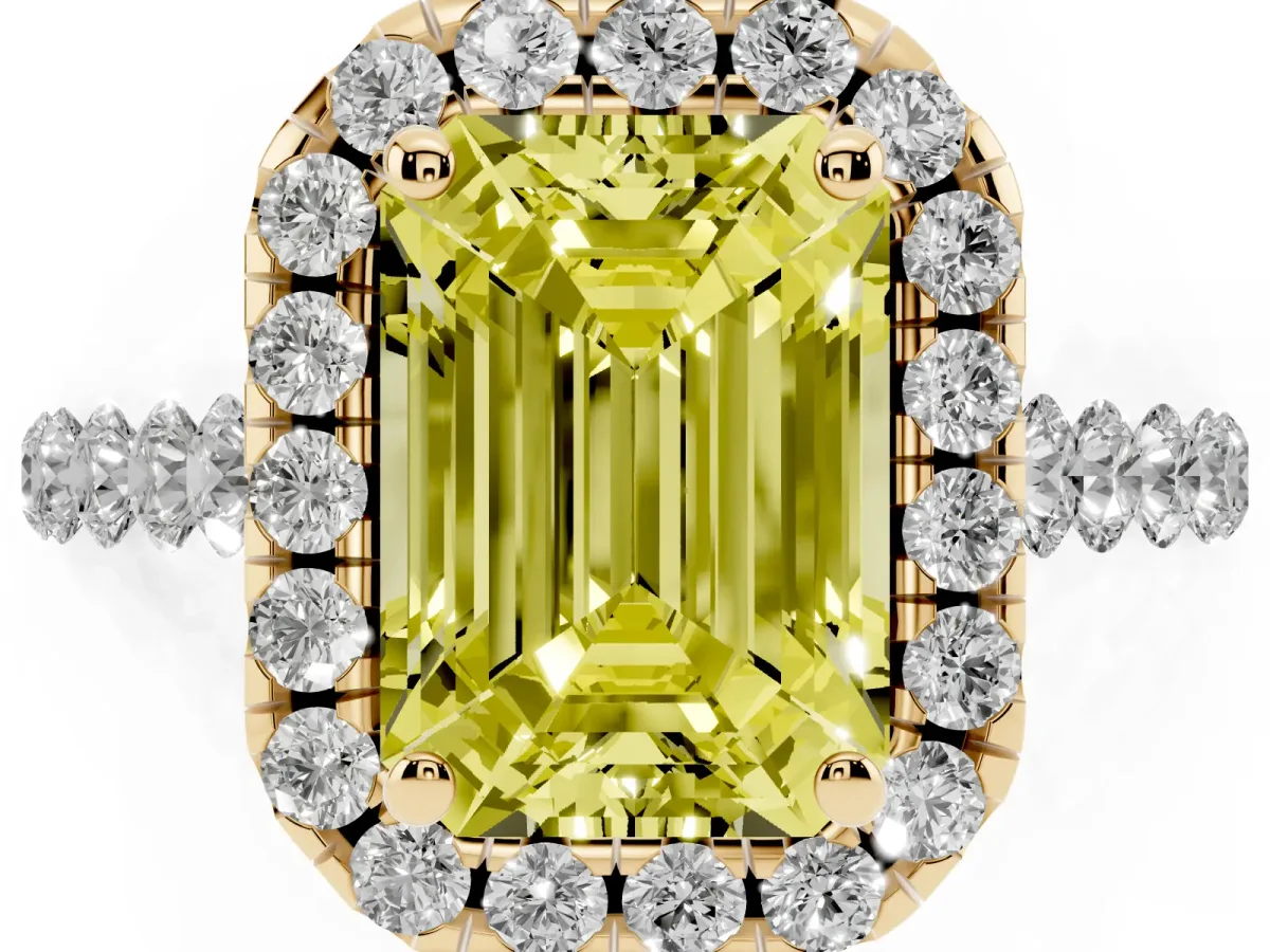 Fancy Yellow Emerald Cut Halo Pavé Diamond Engagement Ring with Four-Prong Setting Yellow gold
