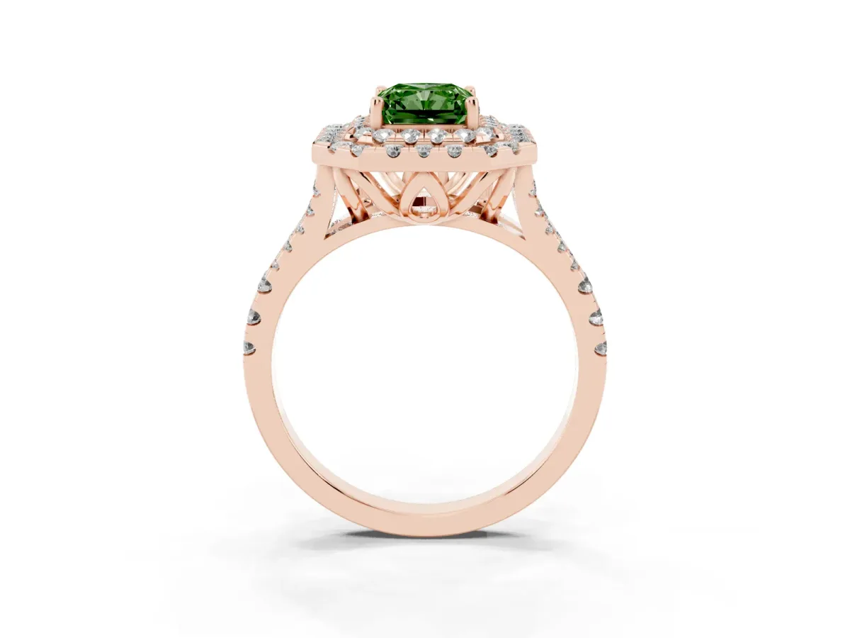 Fancy Green Double Halo Radiant Cut Diamond Pavé Split Shank Ring with Prong Setting Rose gold