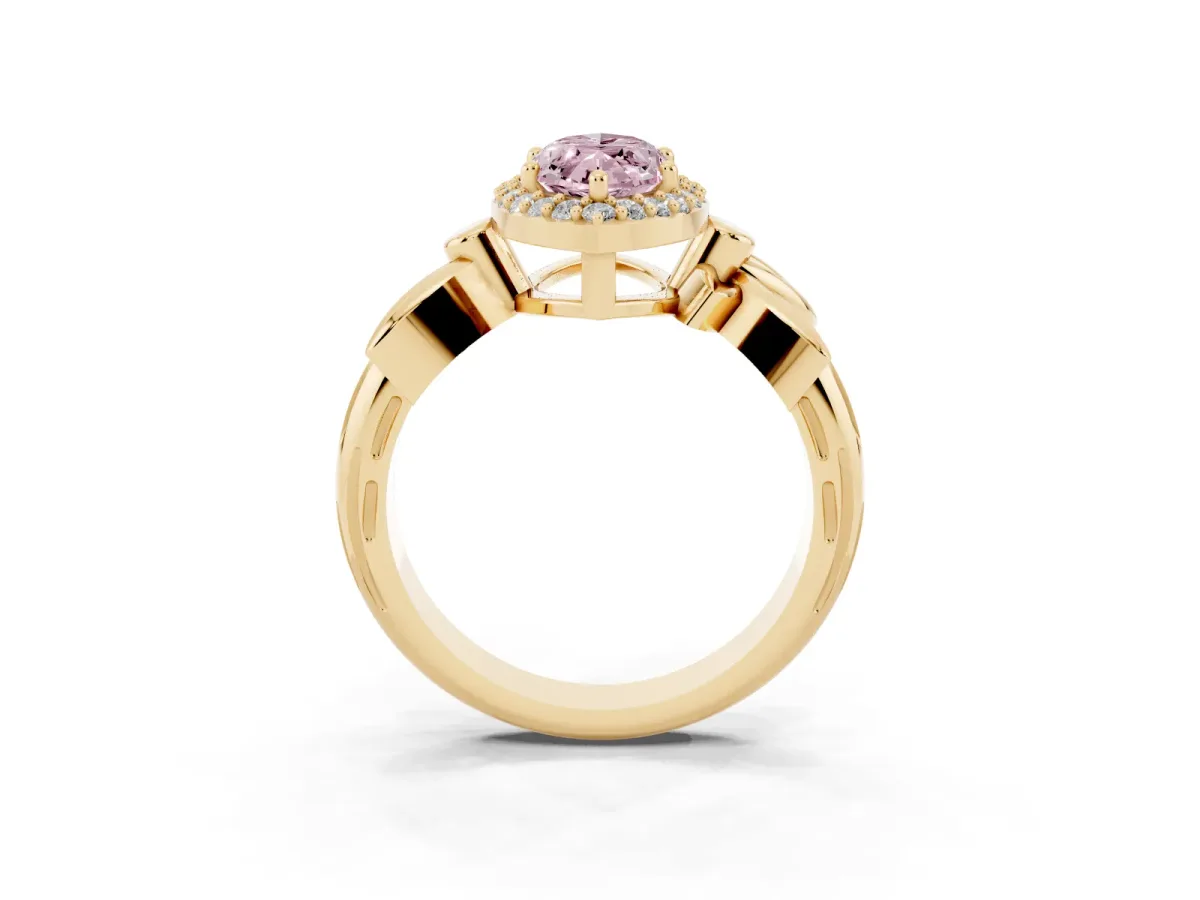 Fancy Pink Marquise Cut Halo Diamond Floral Band with Four-Prong Setting Yellow gold